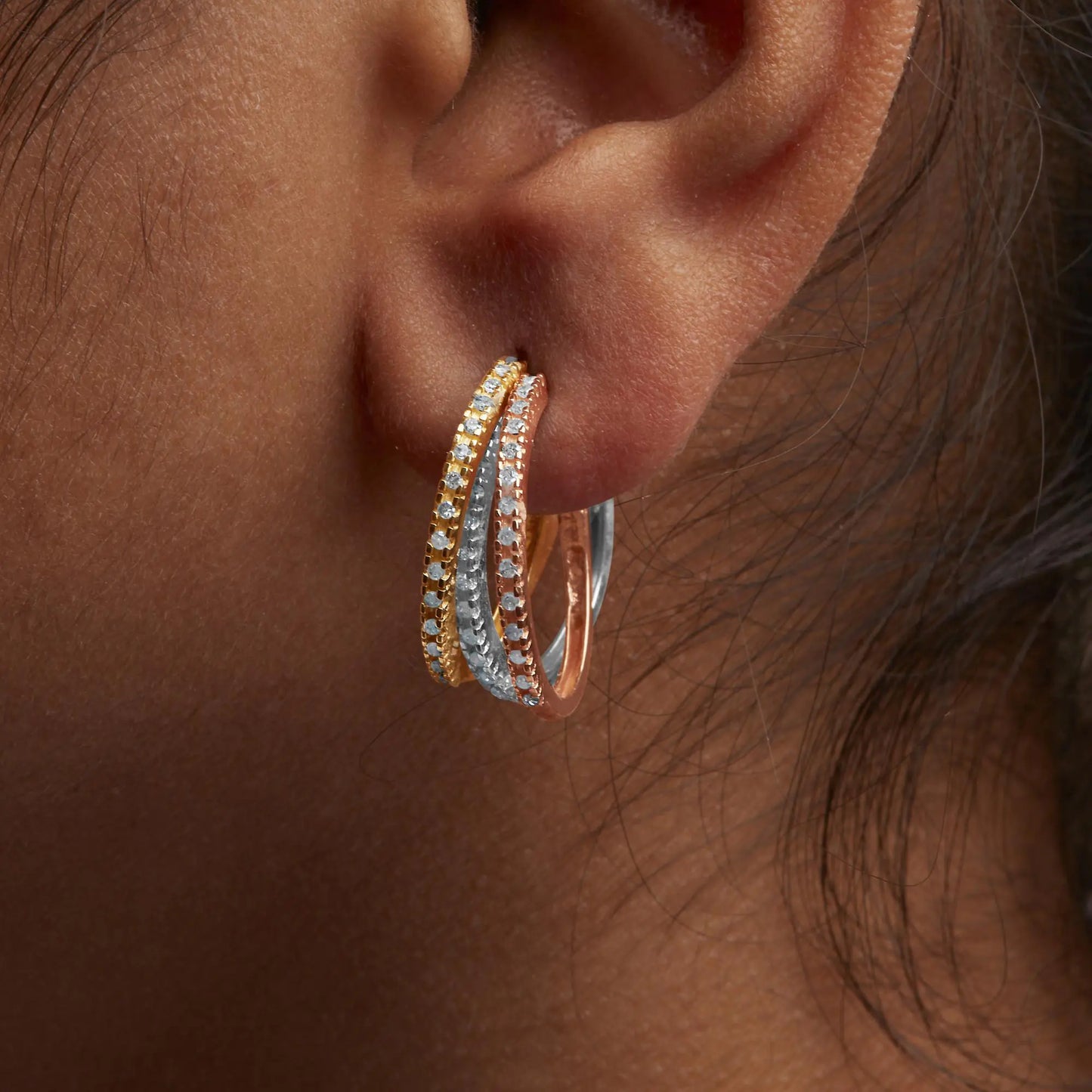 14K Tri-Toned Gold 1/3 Cttw Diamond Triple Hoop Earrings (I-J Color, I2-I3 Clarity) - 22 MM-C.K Jewelry