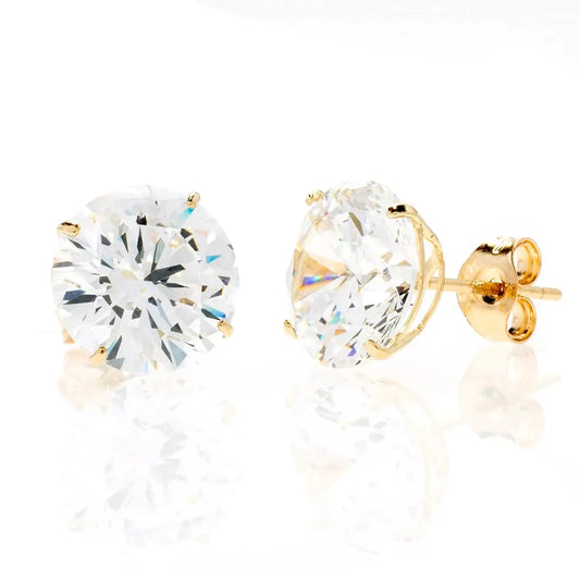 14K Gold Yellow Round Basket Setting Simulated Round Diamond Stud Earrings-C.K Jewelry