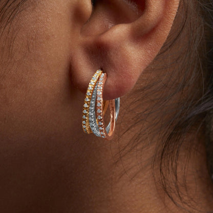 14K Tri-Toned Gold 1/3 Cttw Diamond Triple Hoop Earrings (I-J Color, I2-I3 Clarity) - 22 MM-C.K Jewelry